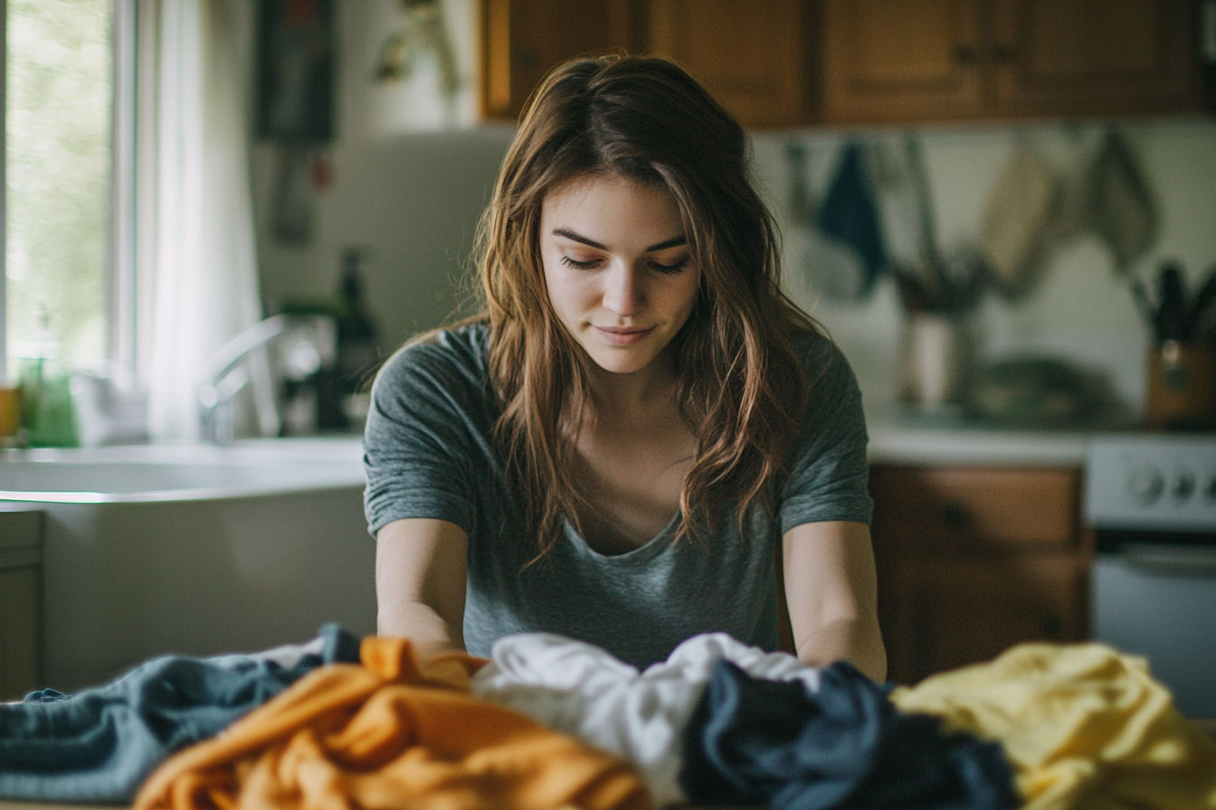 A woman placing laundry on a table | Source: Midjourney