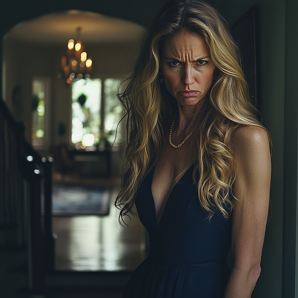 An upset woman standing in a foyer | Source: Midjourney