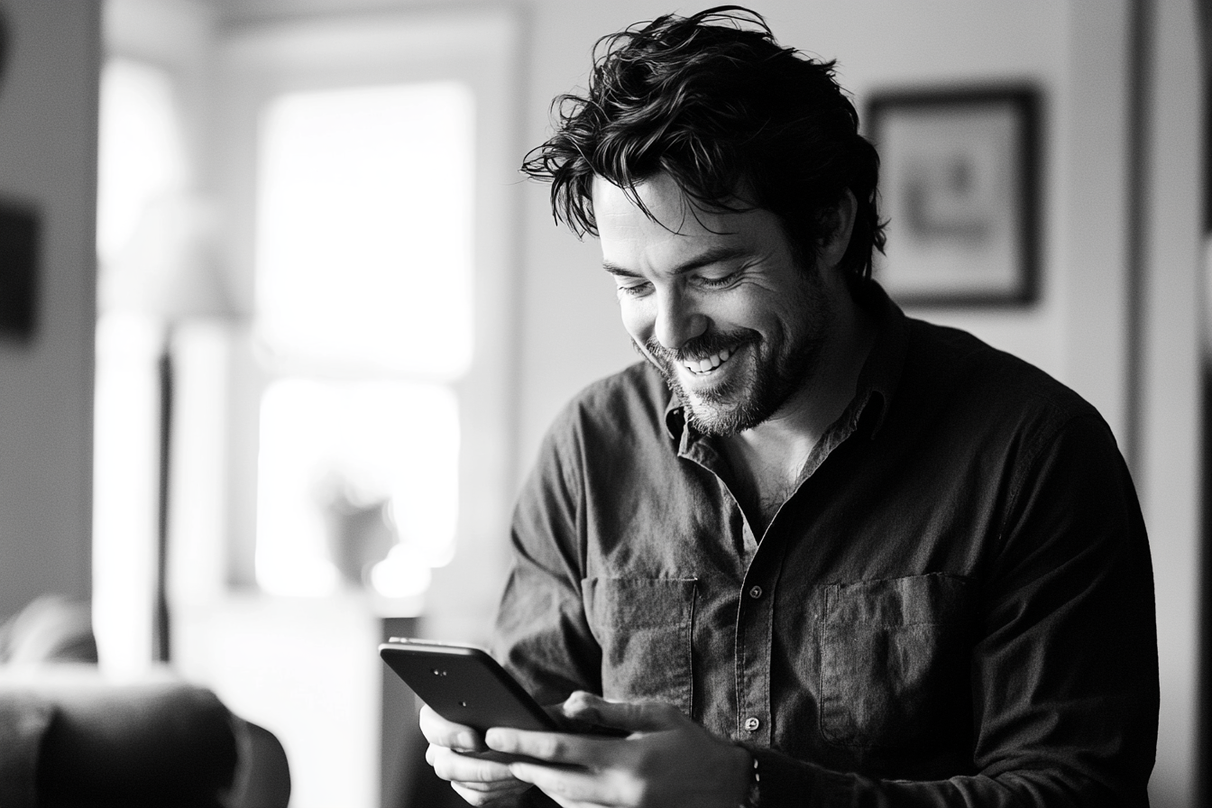 A man smiling while texting | Source: Midjourney