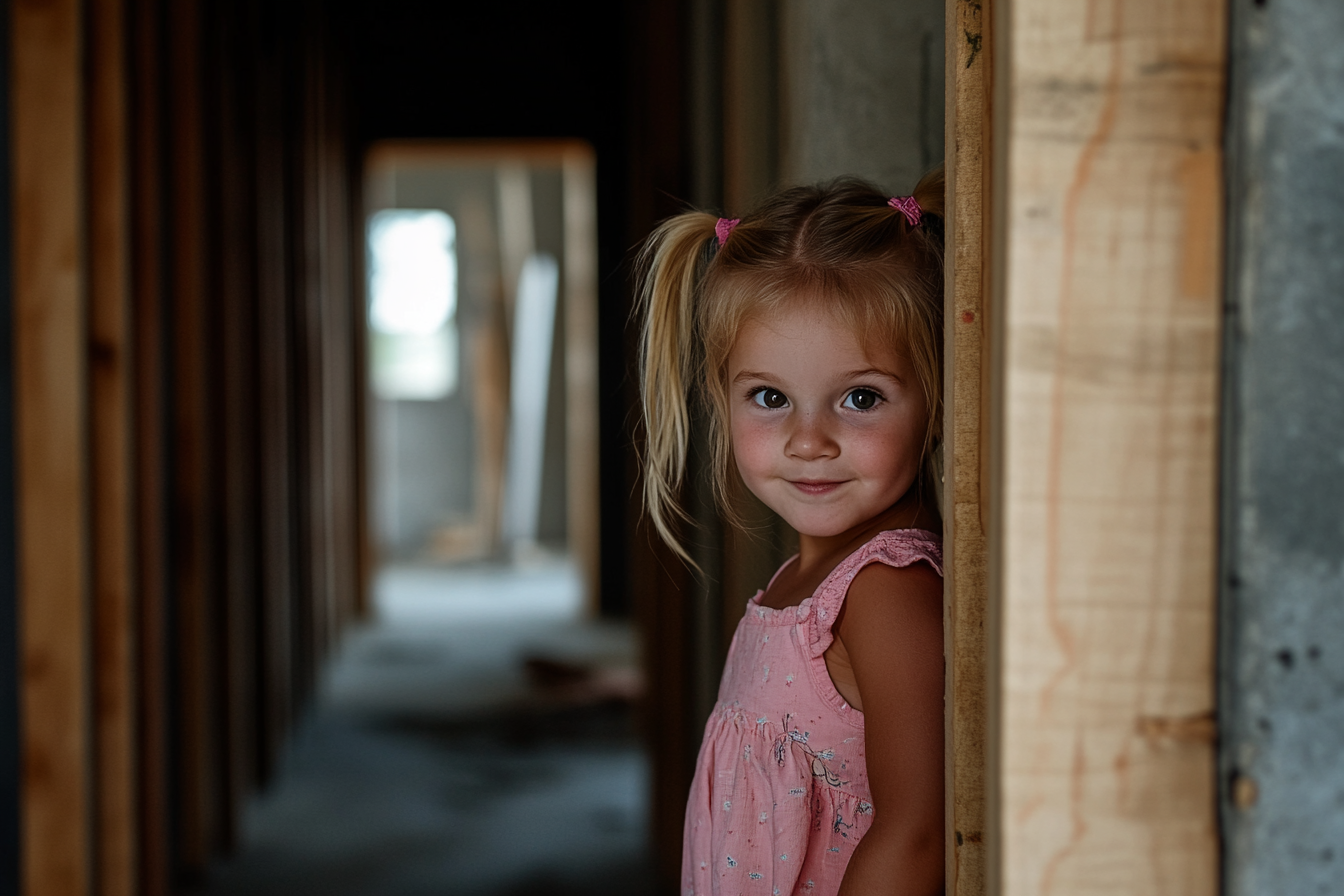 A little girl in a pink dress with pigtails peeks from a hallway under construction, shyly | Source: Midjourney