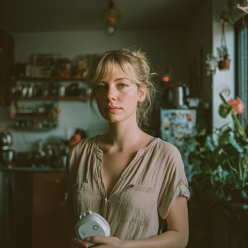 A serious woman holding a baby monitor | Source: Midjourney