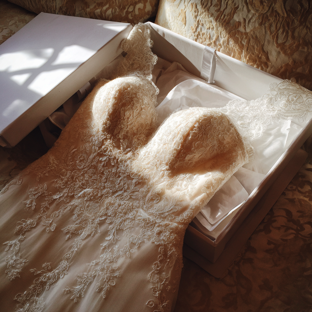 A wedding dress laying on a box | Source: Midjourney