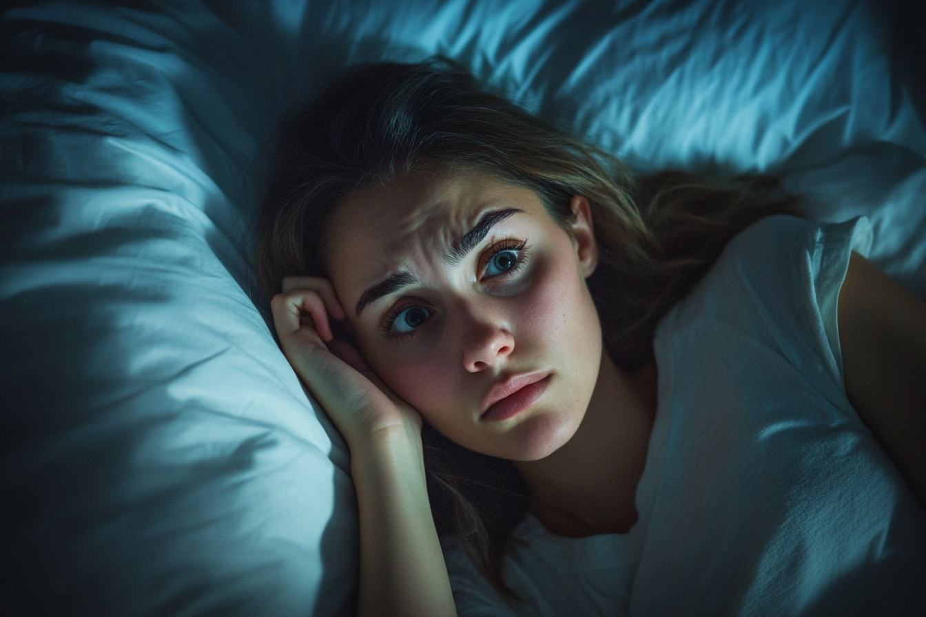 A woman lying awake in bed | Source: Midjourney