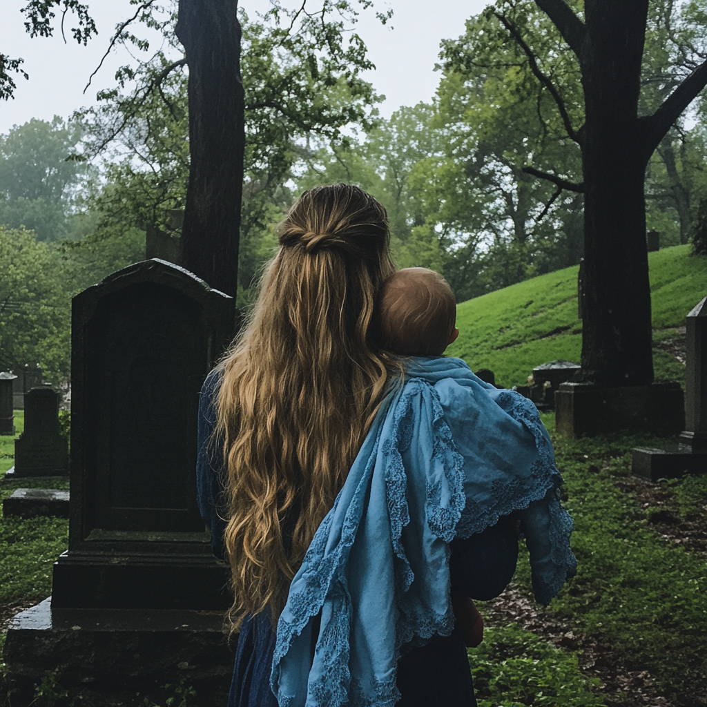 A woman and a baby at a cemetery | Source: Midjourney