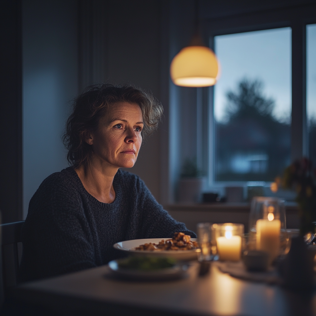 A serious-looking woman at dinner | Source: Midjourney