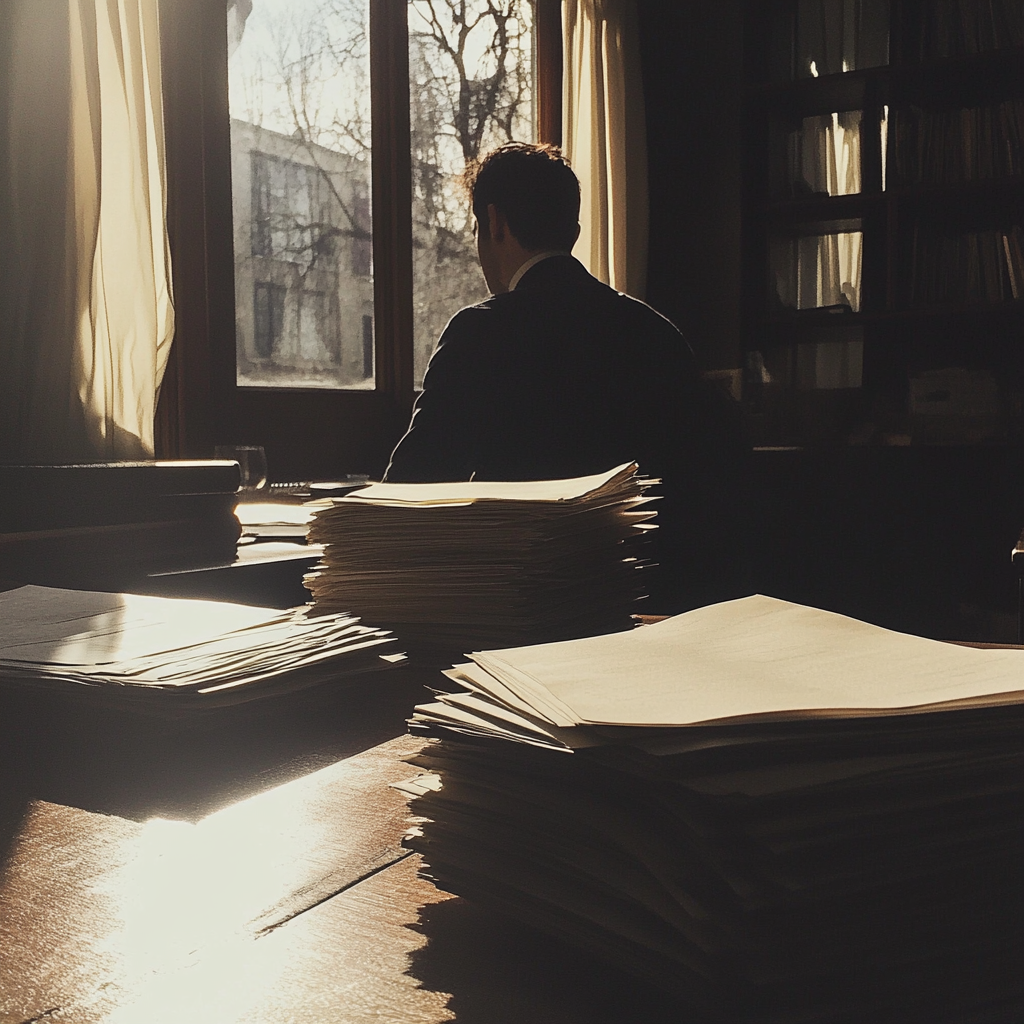 A private investigator sitting at a desk | Source: Midjourney