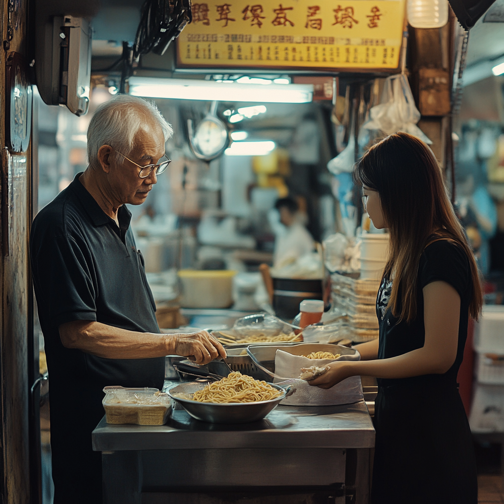 An elderly man at his noodle shop serving a young woman | Source: Midjourney