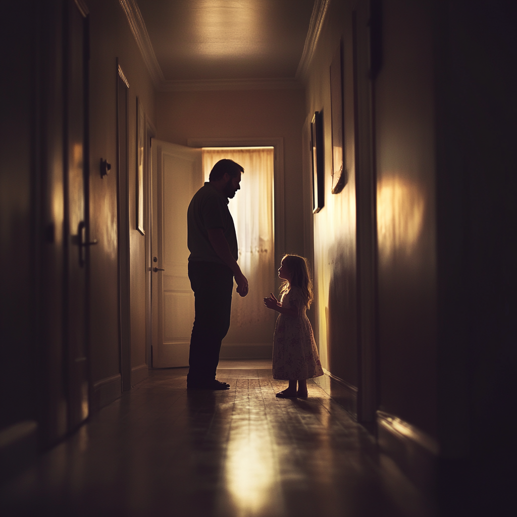 A man talking to his scared daughter | Source: Midjourney