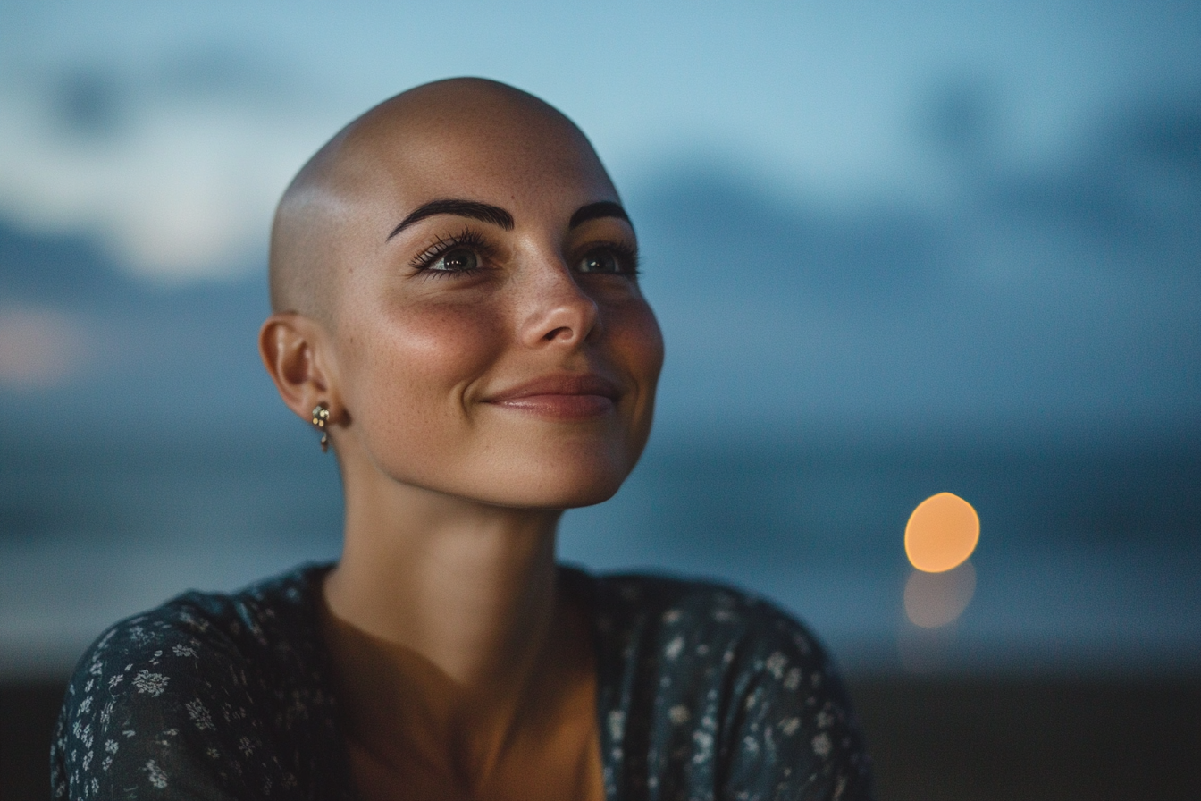 A bald woman smiling confidently | Source: Midjourney