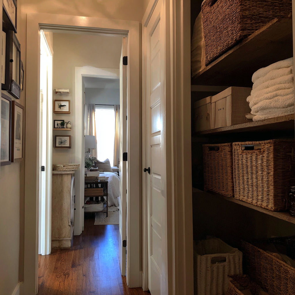 A linen cupboard in a hallway | Source: Midjourney