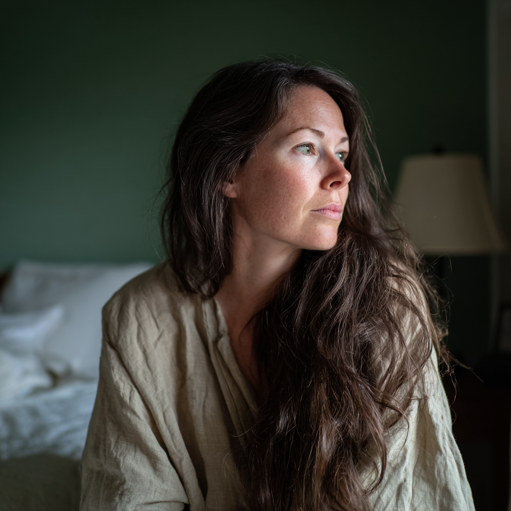 A pensive woman sitting on her bed | Source: Midjourney