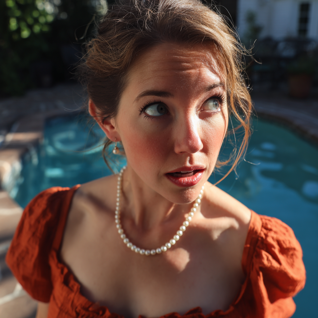 A startled woman standing by a pool | Source: Midjourney