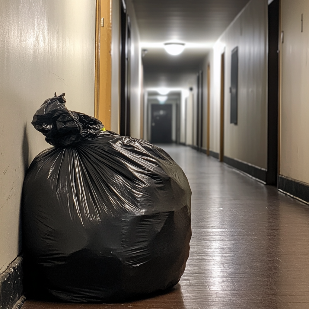 A trash bag in an apartment hallway | Source: Midjourney
