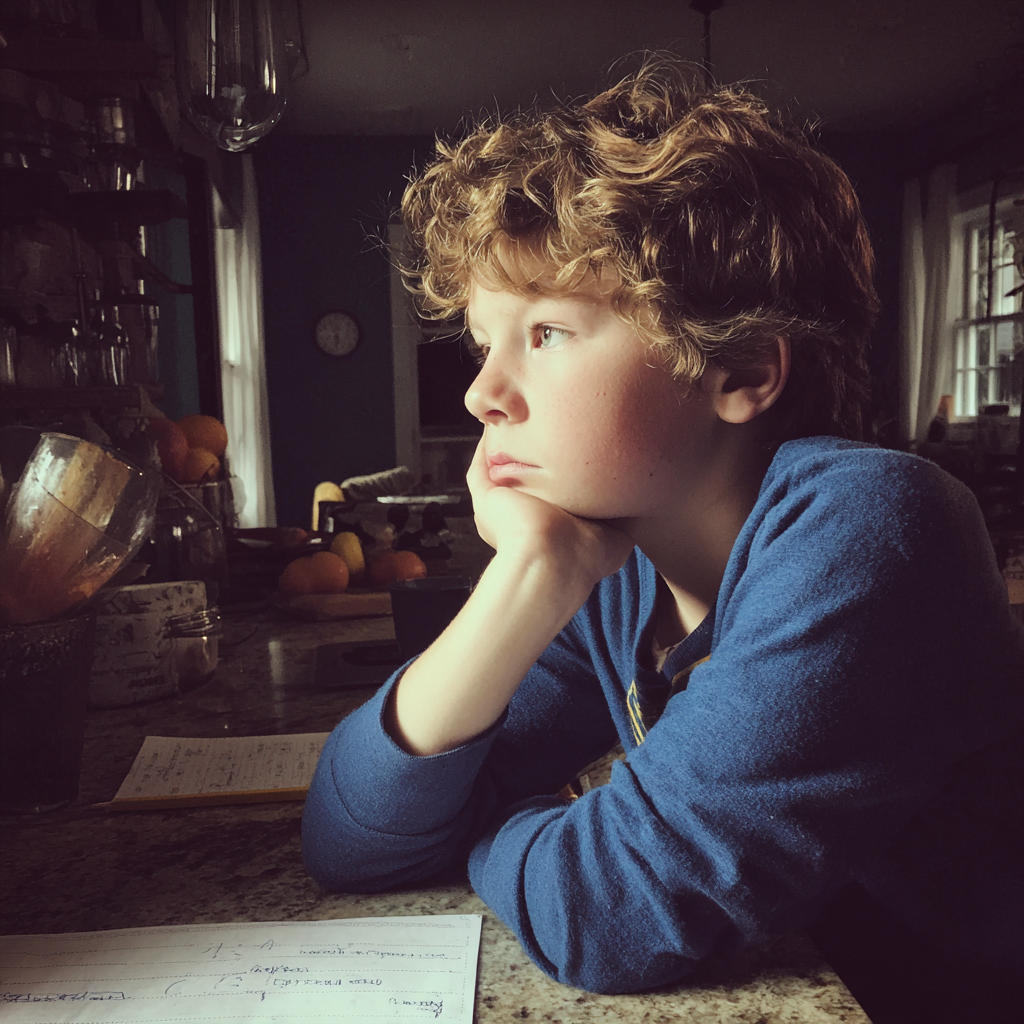 A boy sitting at a kitchen counter | Source: Midjourney