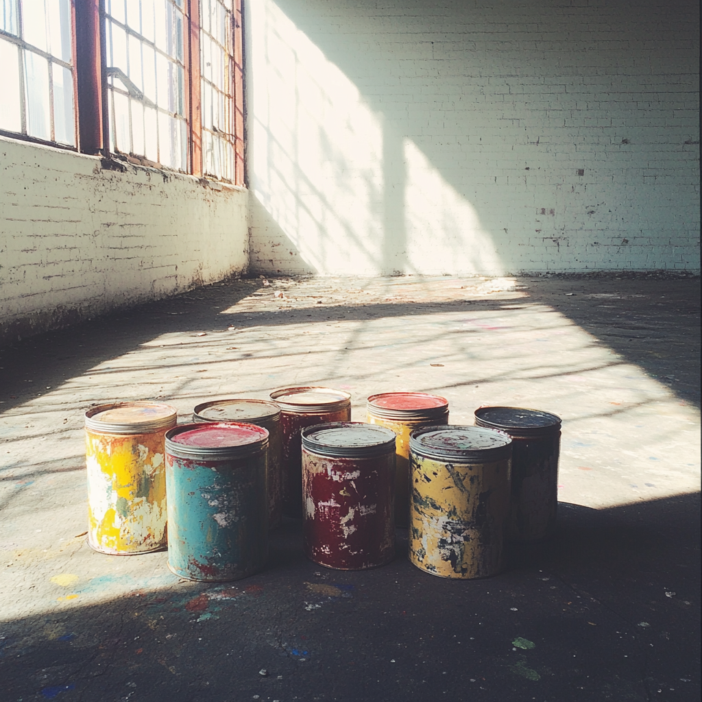 Tins of paint in an abandoned warehouse | Source: Midjourney