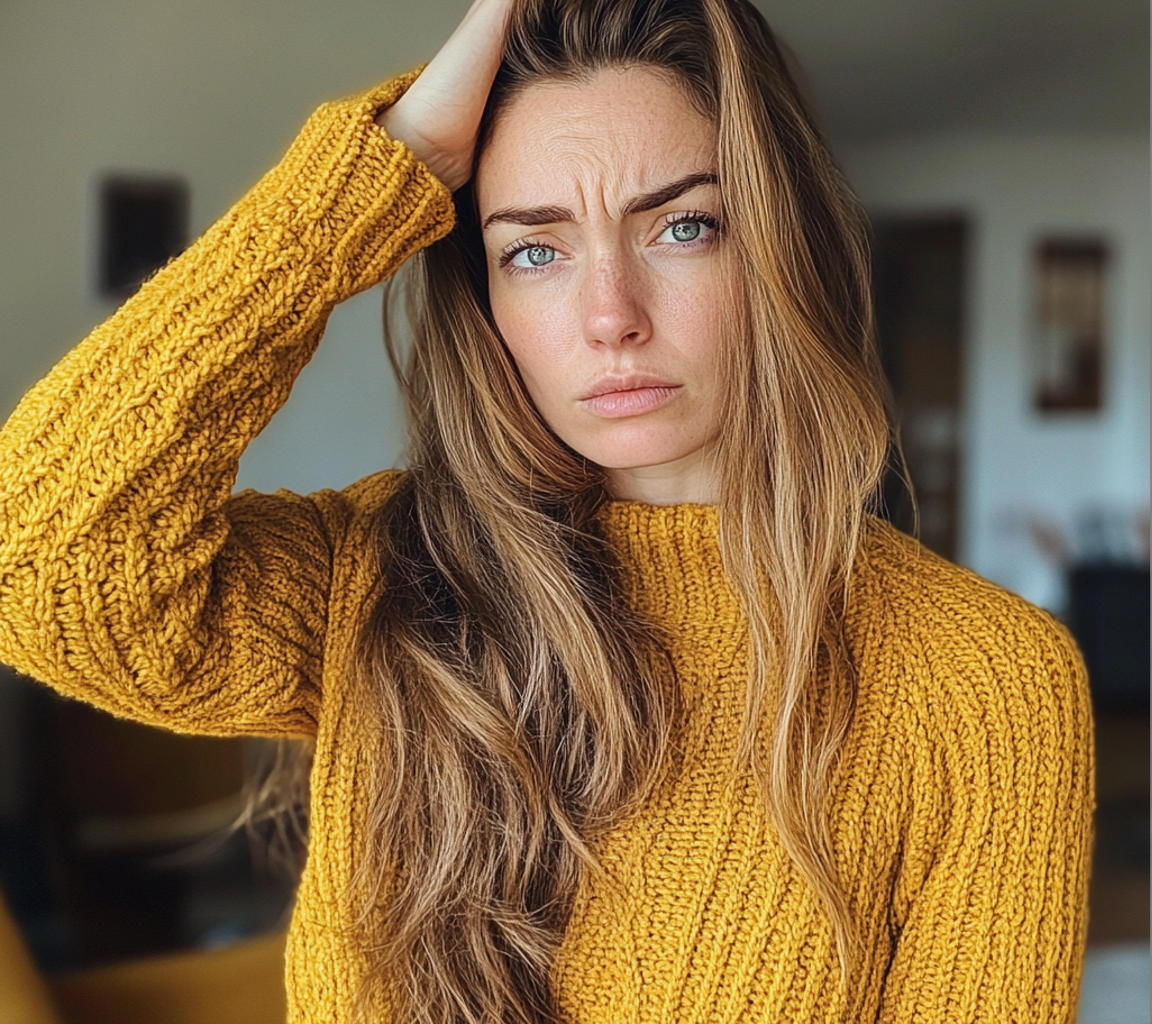 An upset woman with her hand on her head | Source: Midjourney