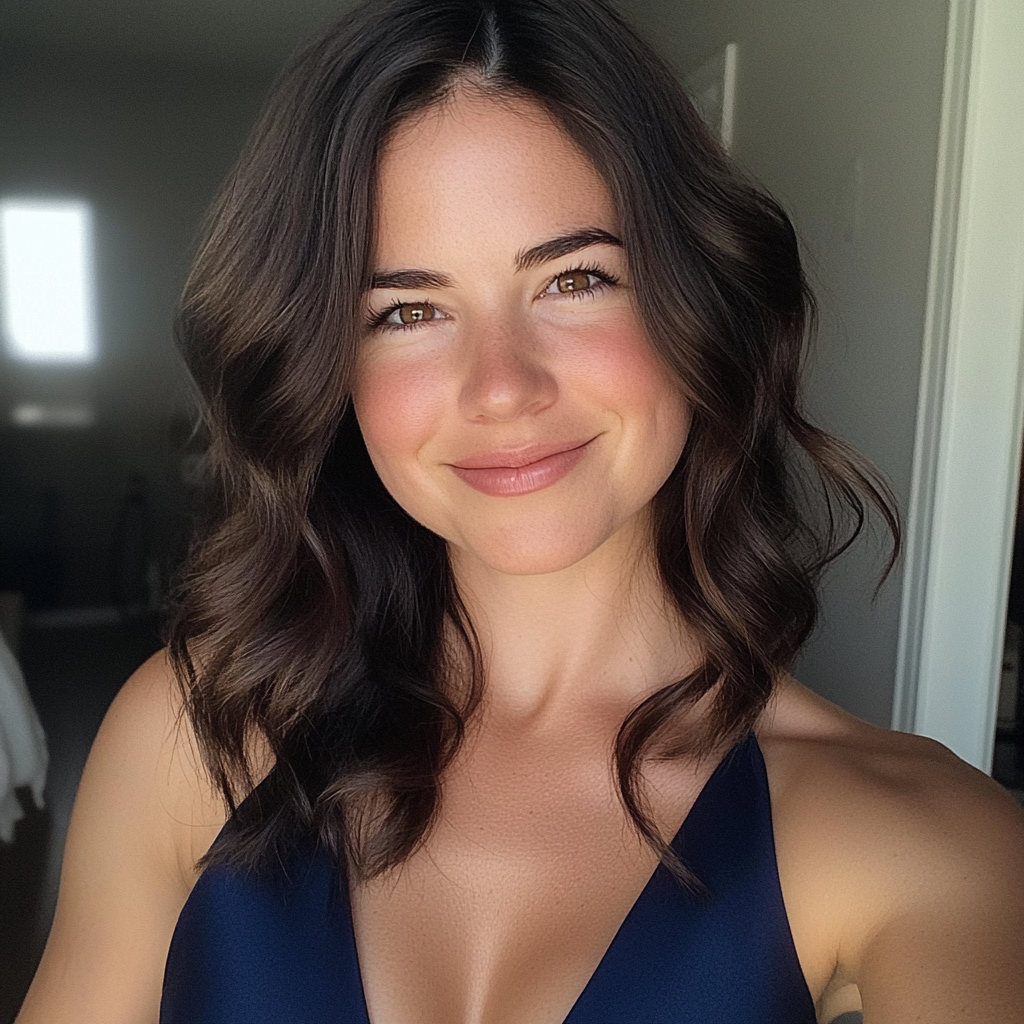 A smiling woman wearing a navy dress | Source: Midjourney