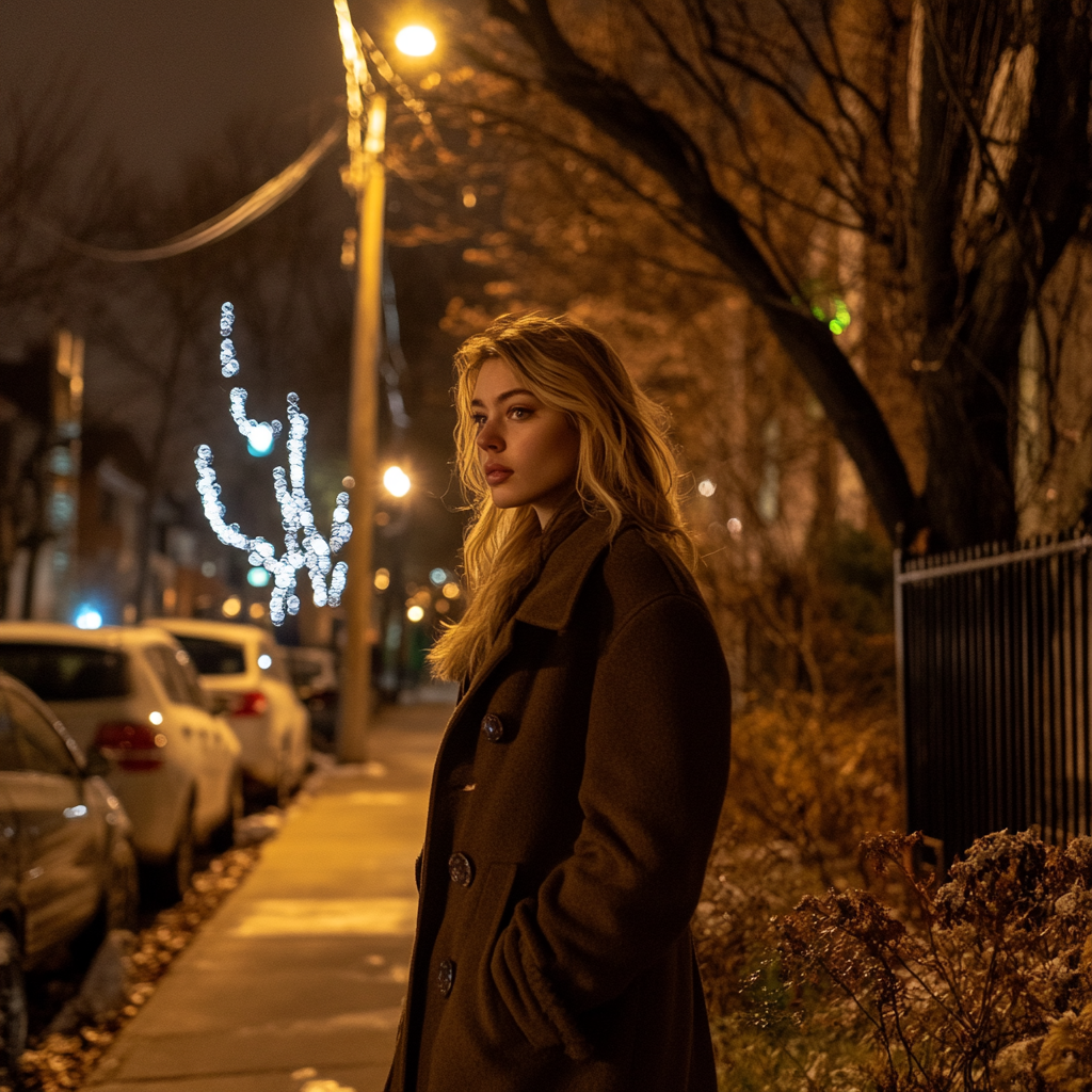 A woman walking down the sidewalk | Source: Midjourney