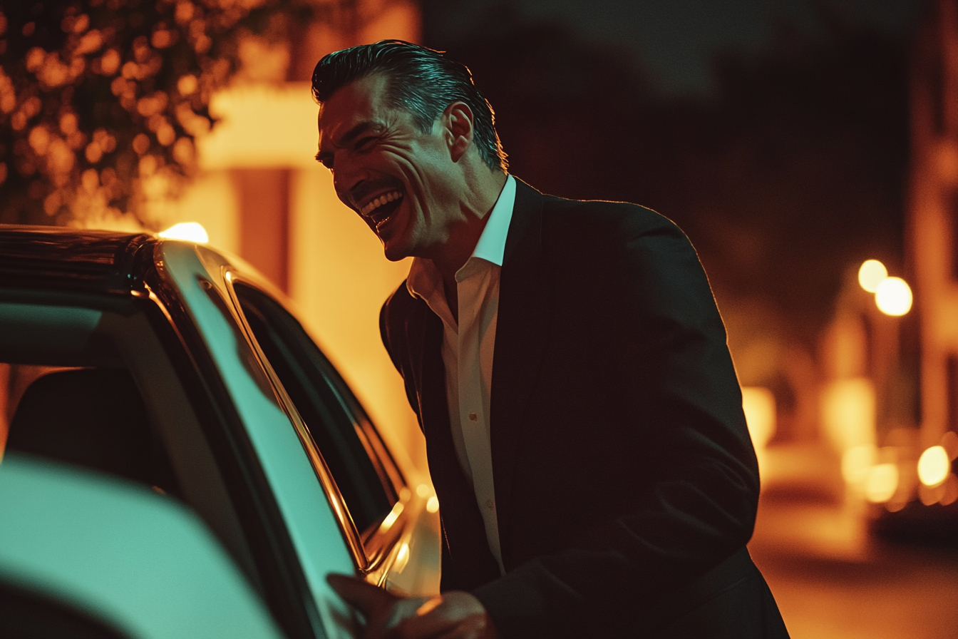 A man laughing next to a luxury sedan | Source: Midjourney