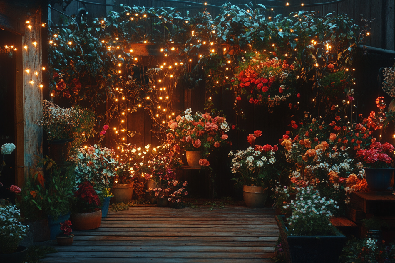 Un patio trasero decorado con flores y luces centelleantes | Fuente: Midjourney