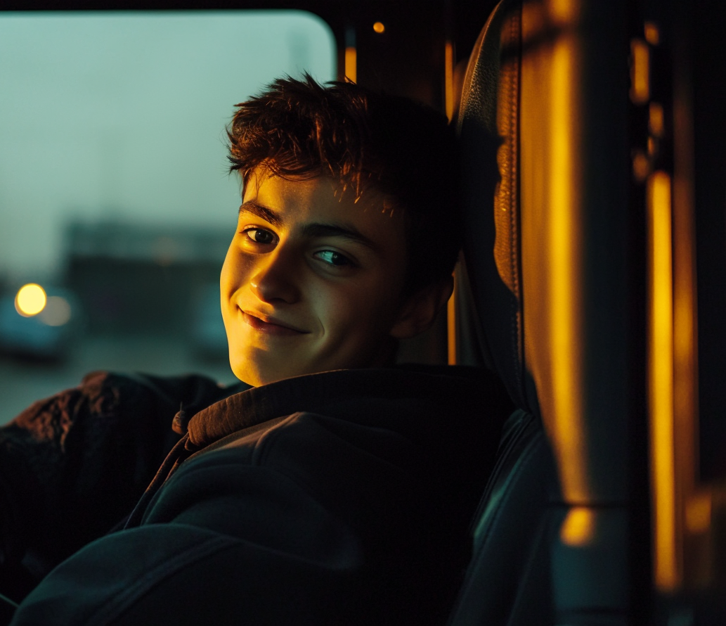 A teenage boy smiling while sitting in the passenger seat of a truck | Source: Midjourney