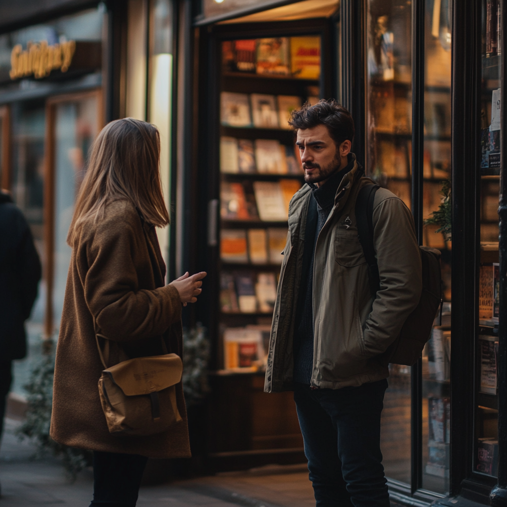 Des gens discutent devant une librairie | Source : Midjourney