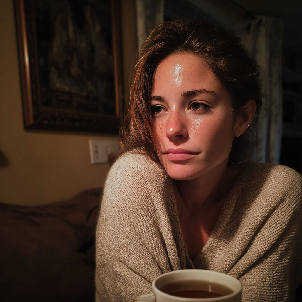 A woman sitting on a couch with a cup of tea | Source: Midjourney