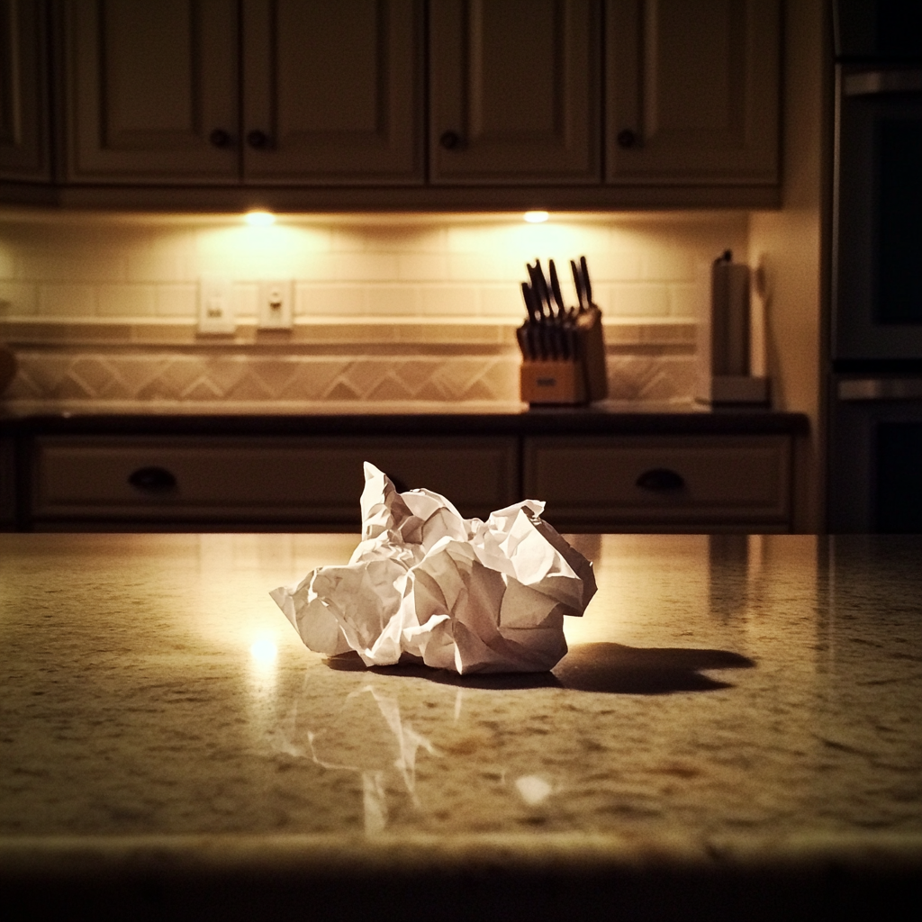 A crumpled piece of paper on a kitchen counter | Source: Midjourney