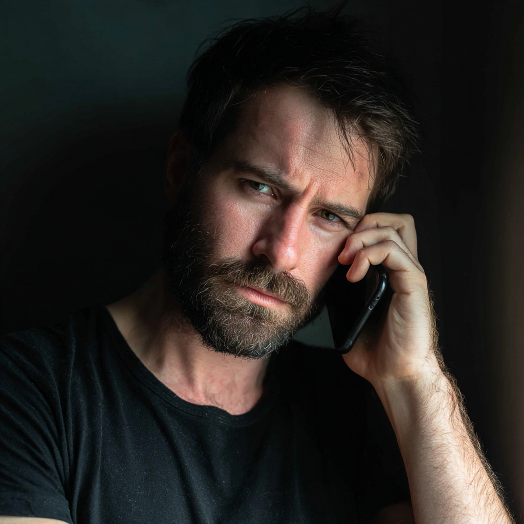 An upset man talking on the phone | Source: Midjourney