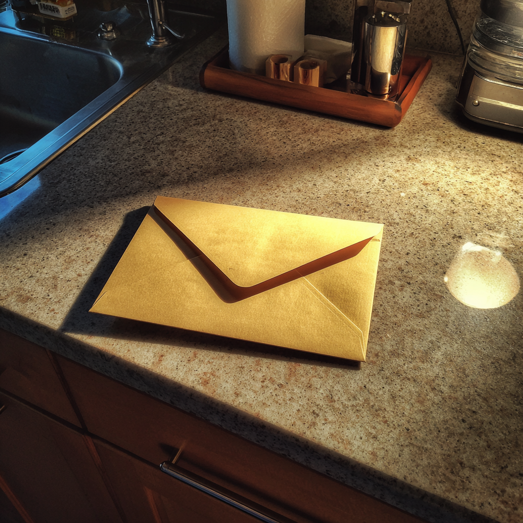 An envelope on a kitchen counter | Source: Midjourney