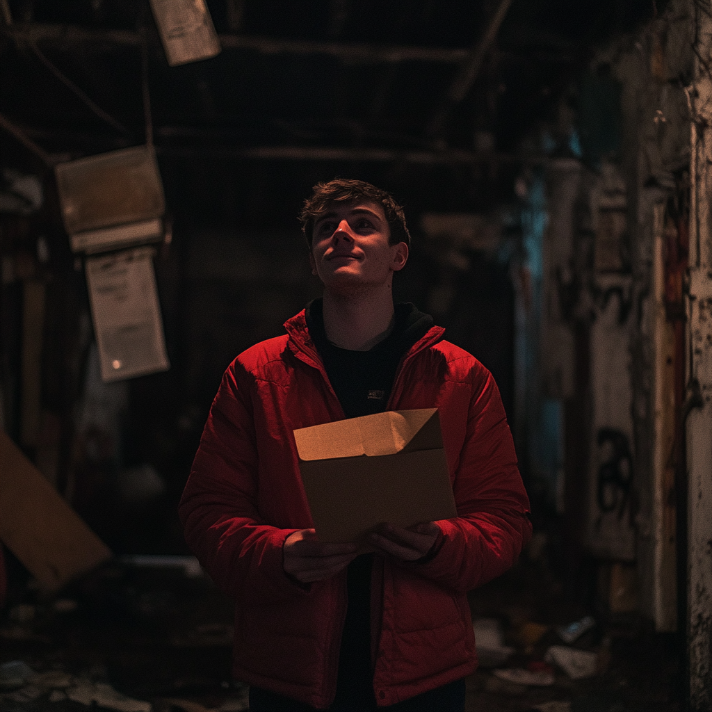 Young man smiling holding an envelope | Source: Midjourney