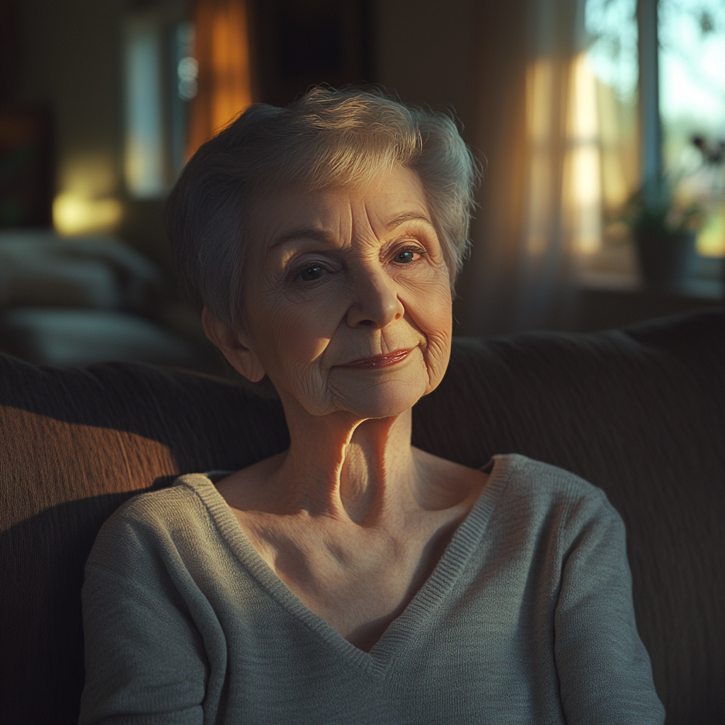 A woman sitting in her living room | Source: Midjourney