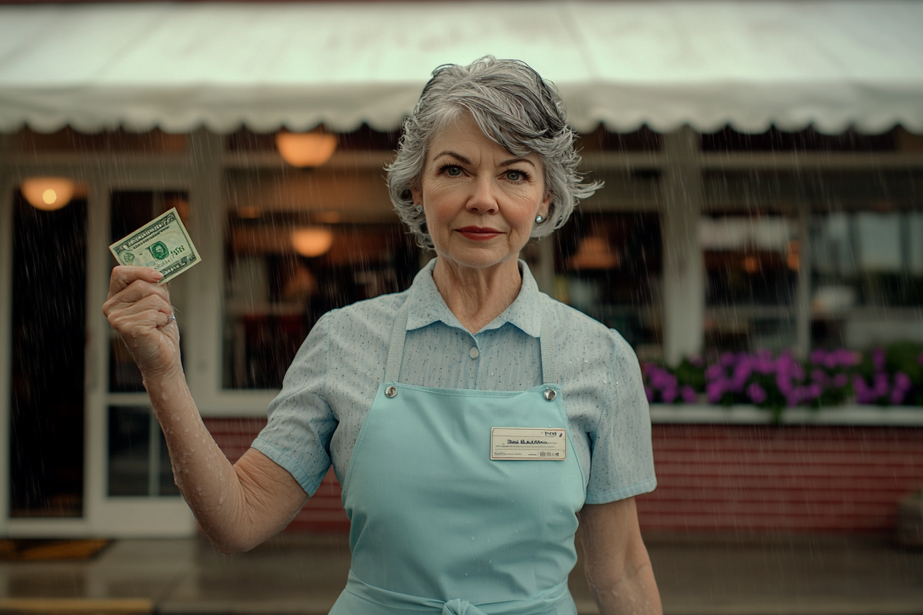 Woman in her 50s wearing a waitress uniform holding money in one hand and looking concerned outside a red-bricked café | Source: Midjourney