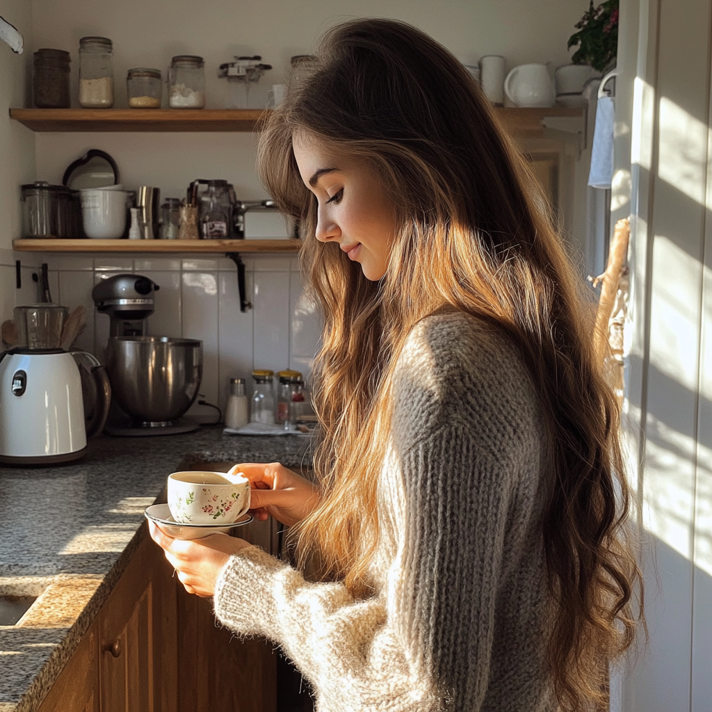 A teenage girl holding a cup of tea | Source: Midjourney