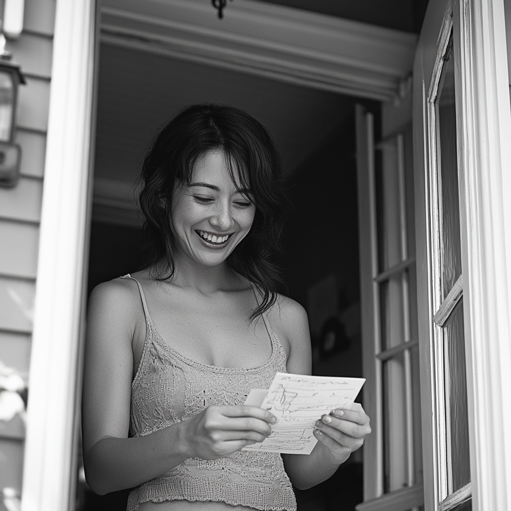 A woman laughing while reading a note | Source: Midjourney