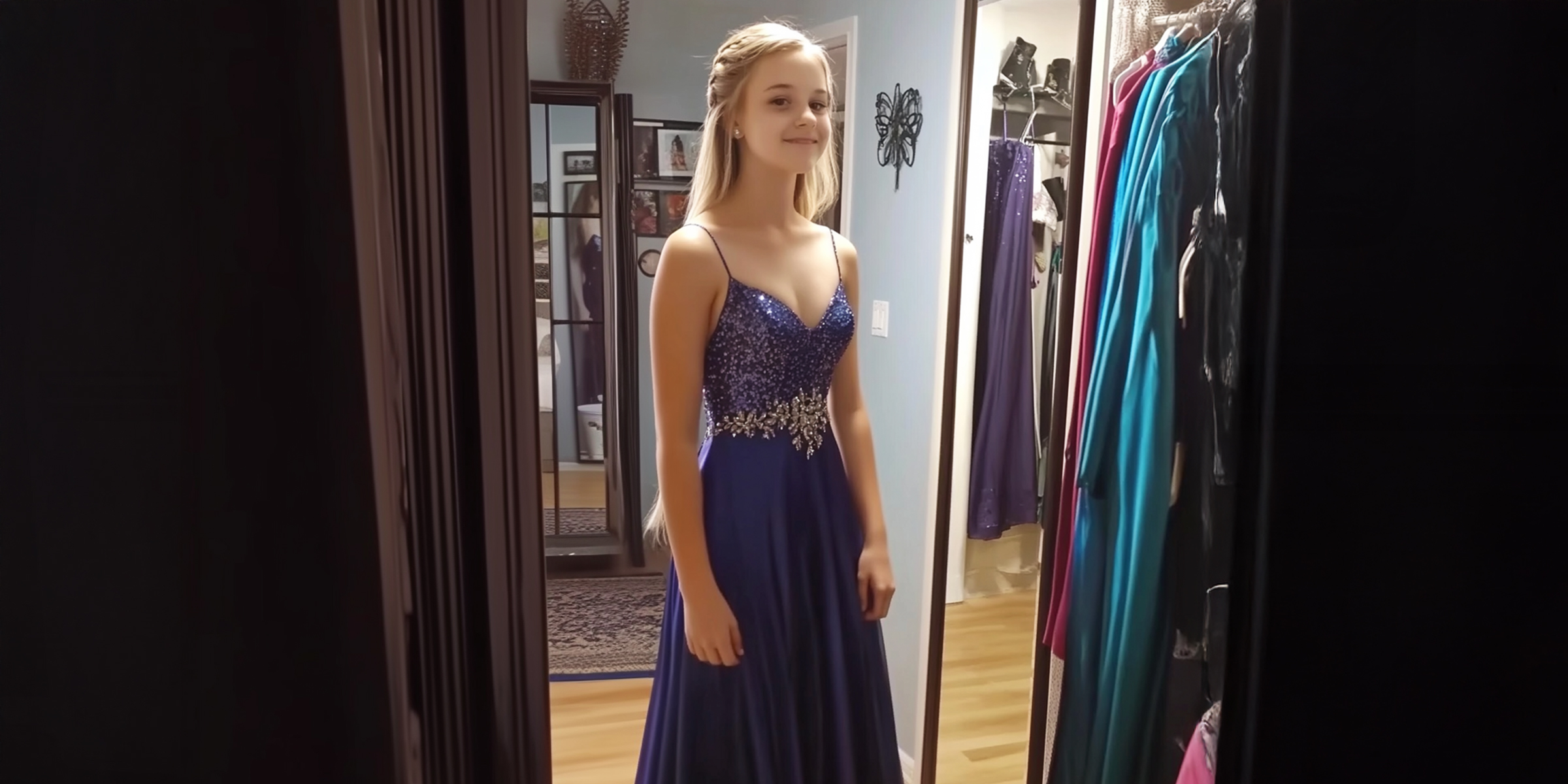 Teen girl in a sparkly blue dress, smiling in front of a mirror | Source: Getty Images