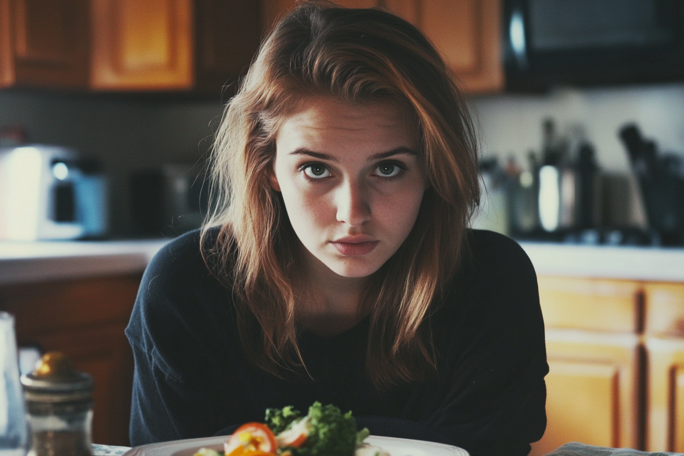 A tense woman seated at a dinner table | Source: Midjourney