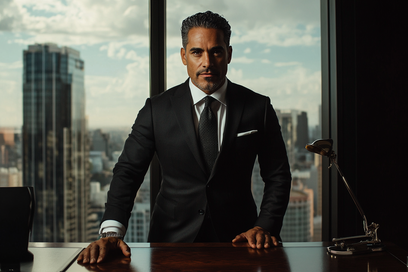 A man in an expensive suit leaning his hand on a mahogany desk with a small smile, windows behind him showing the skyline | Source: Midjourney