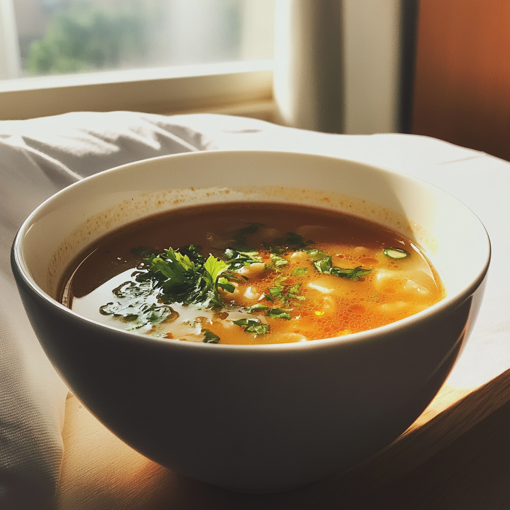 A bowl of soup on a table | Source: Midjourney