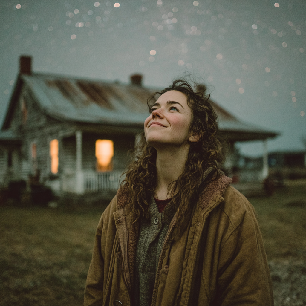 A happy woman looking up at the stars | Source: Midjourney