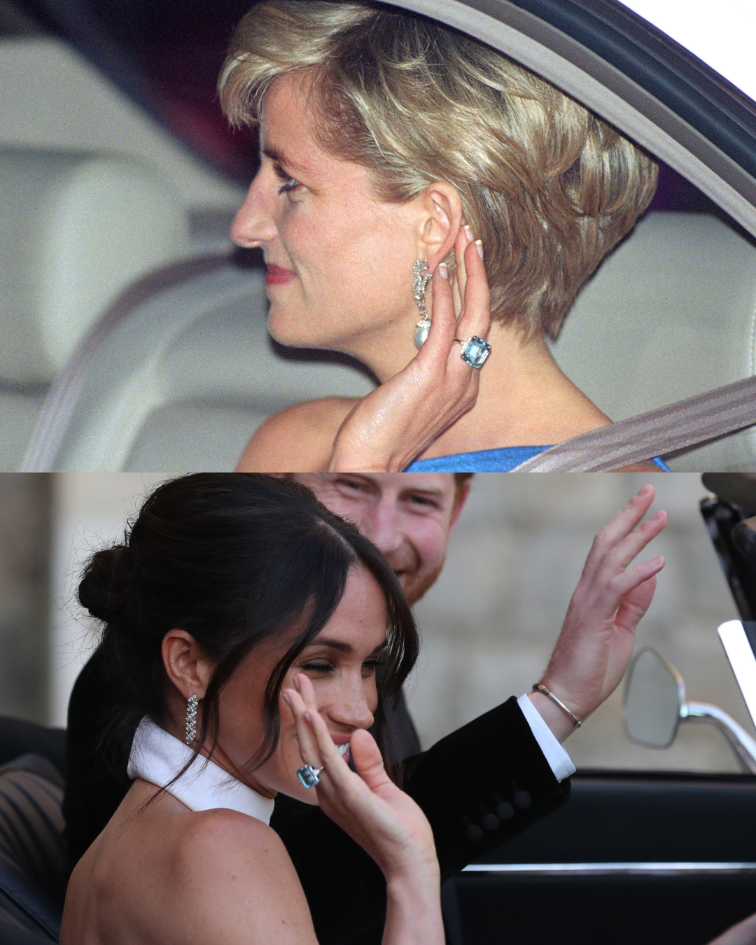 Princess Diana in Australia on October 31, 1996 (top); the Duchess of Sussex in Windsor, England, on May 19, 2018 (bottom). | Source: Getty Images