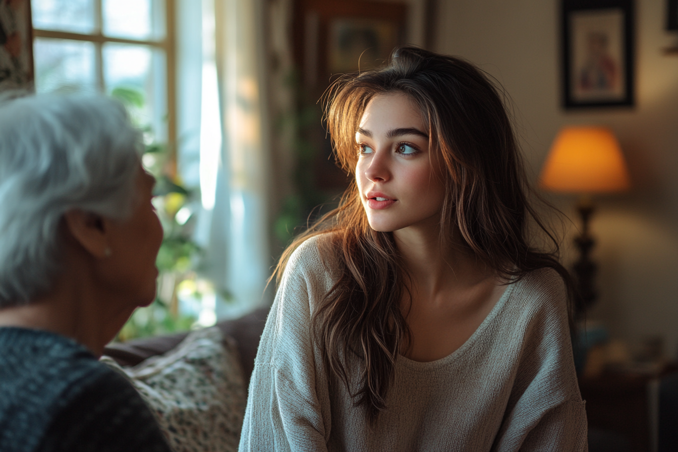 Young woman and a senior woman having a conversation | Source: Midjourney