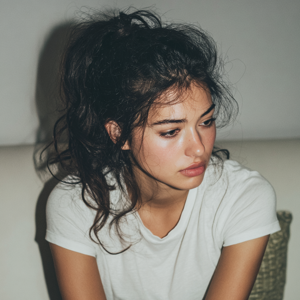 An upset woman sitting on a couch with a messy ponytail | Source: Midjourney