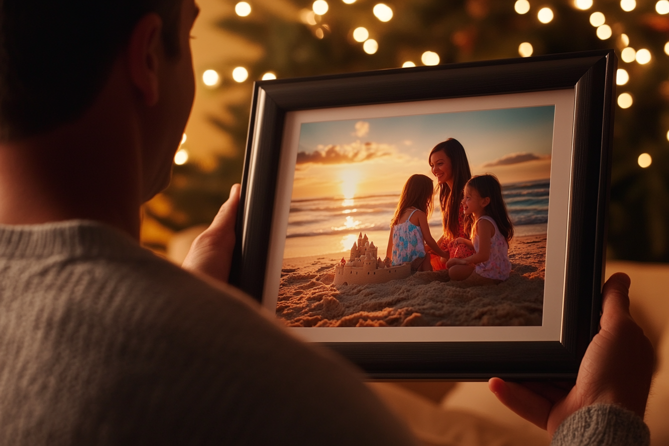 A man holding a framed photo of his wife and kids | Source: Midjourney