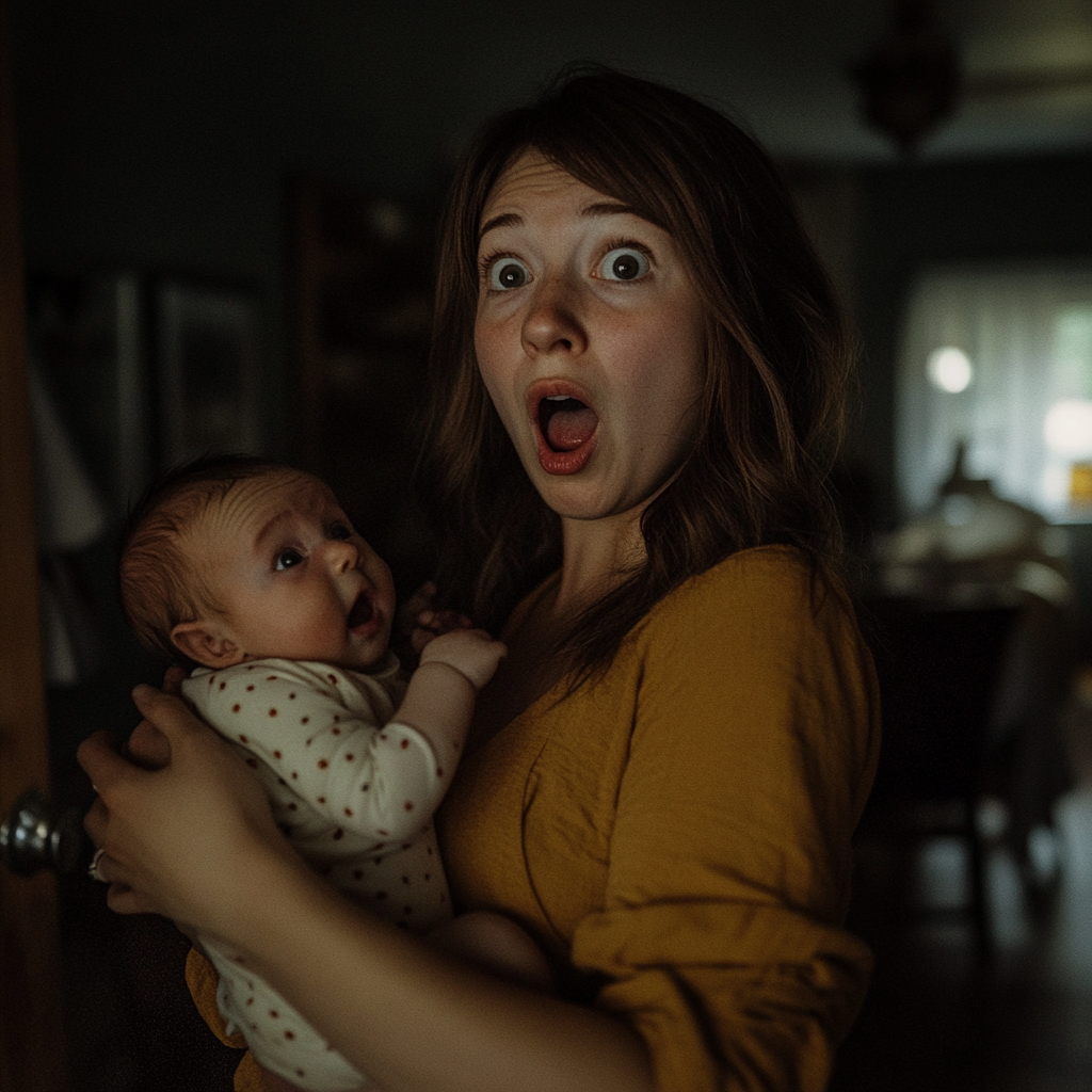 A shocked woman holding a newborn baby | Source: Midjourney