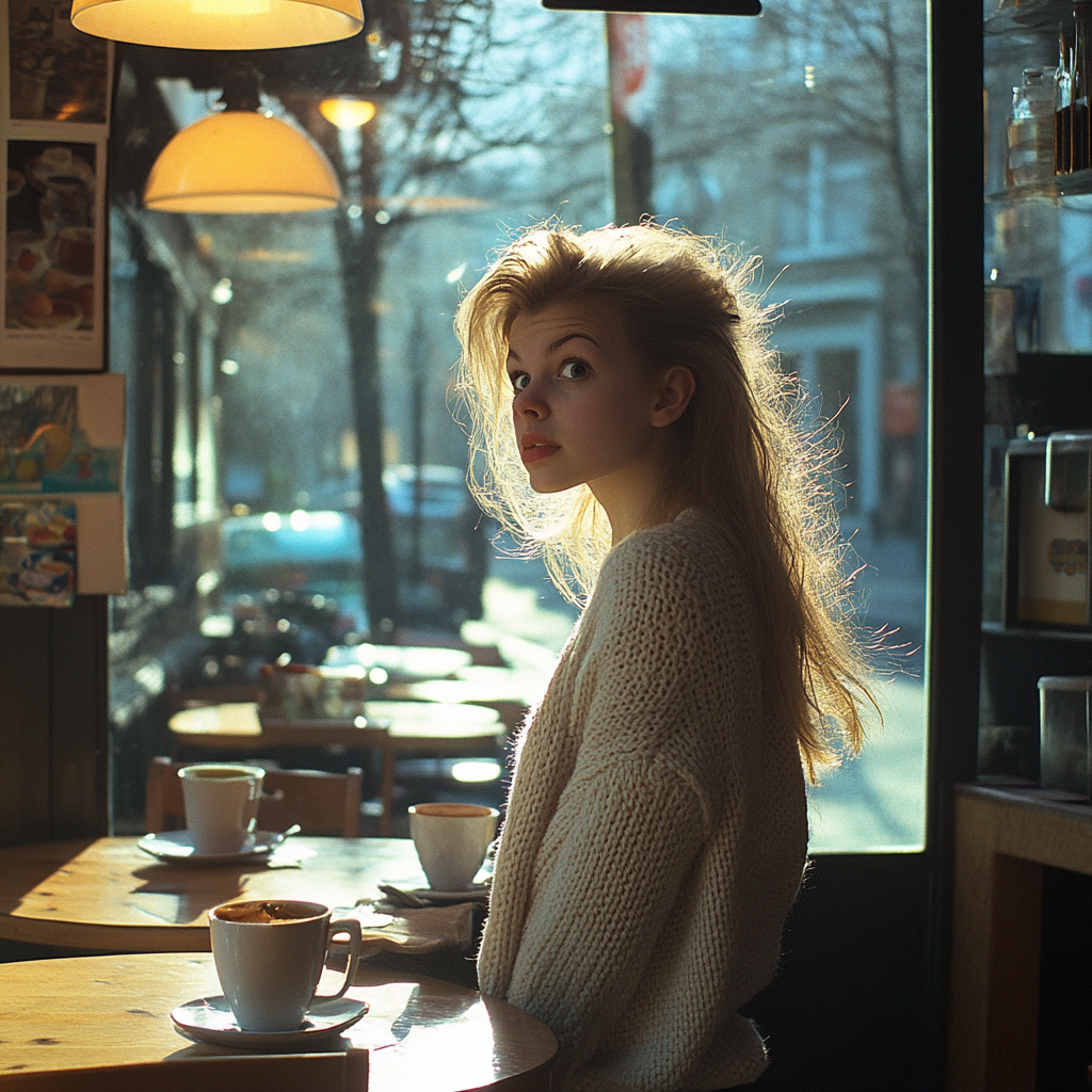 A woman leaving a cafe | Source: Midjourney