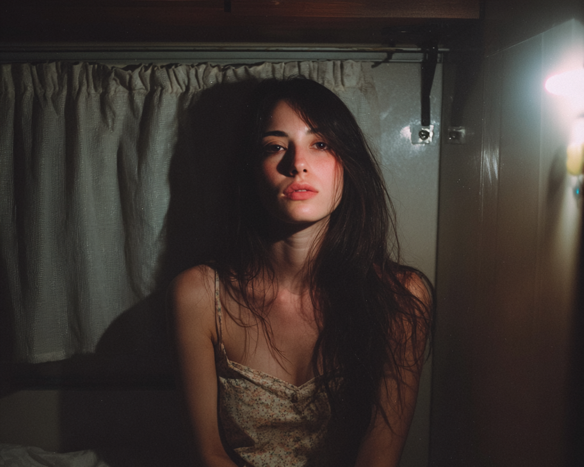 A woman sitting in the bedroom of a trailer | Source: Midjourney