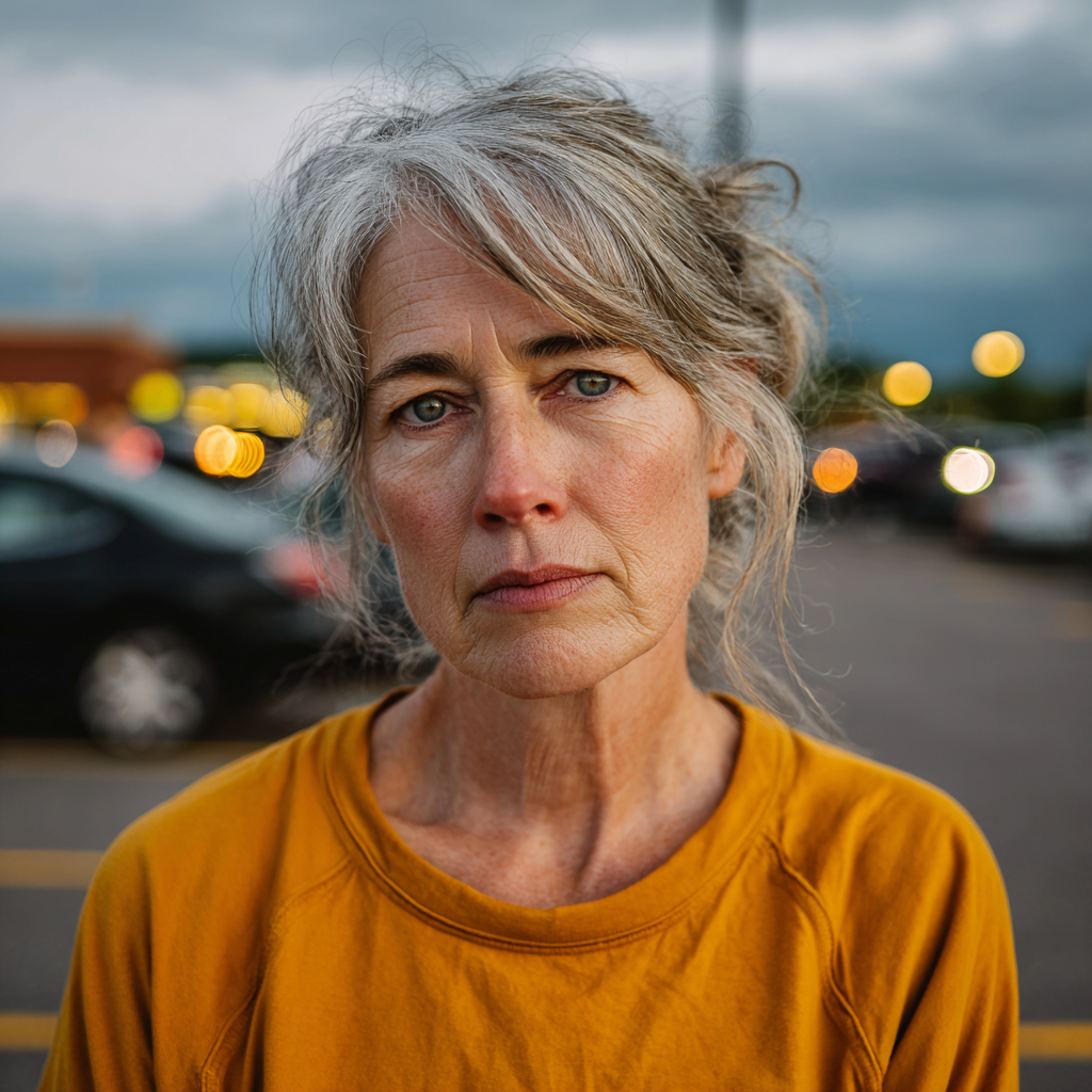 A upset older woman standing in a parking lot | Source: Midjourney