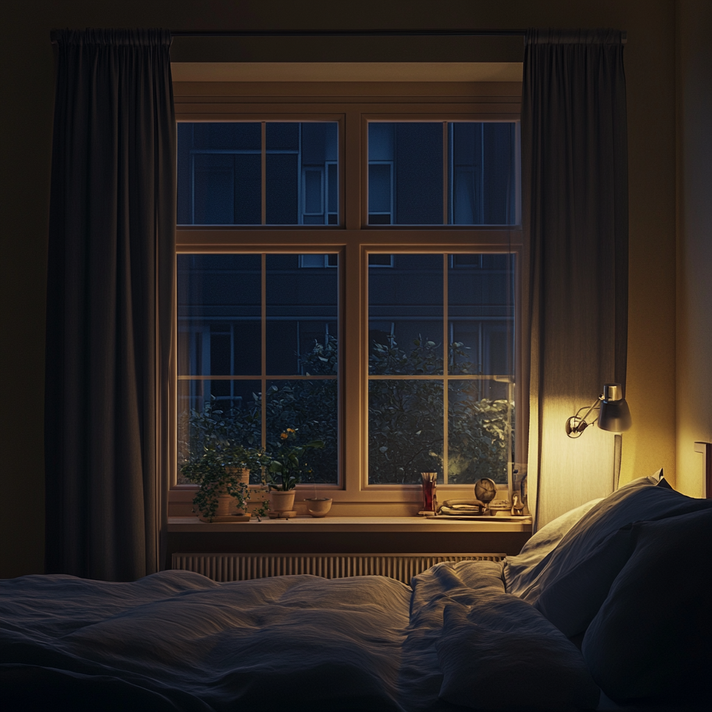 A bedroom window at night | Source: Midjourney