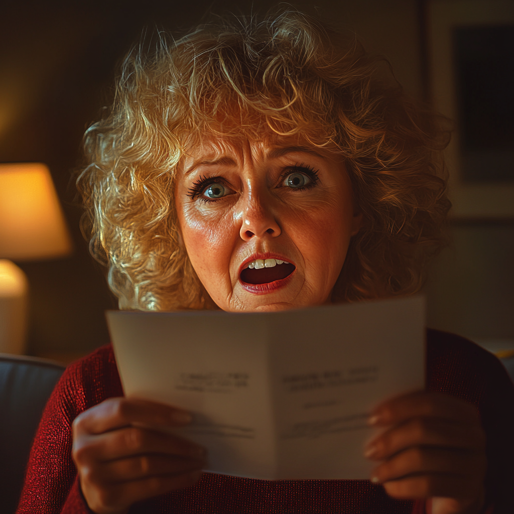 A shocked senior woman holding a piece of paper | Source: Midjourney